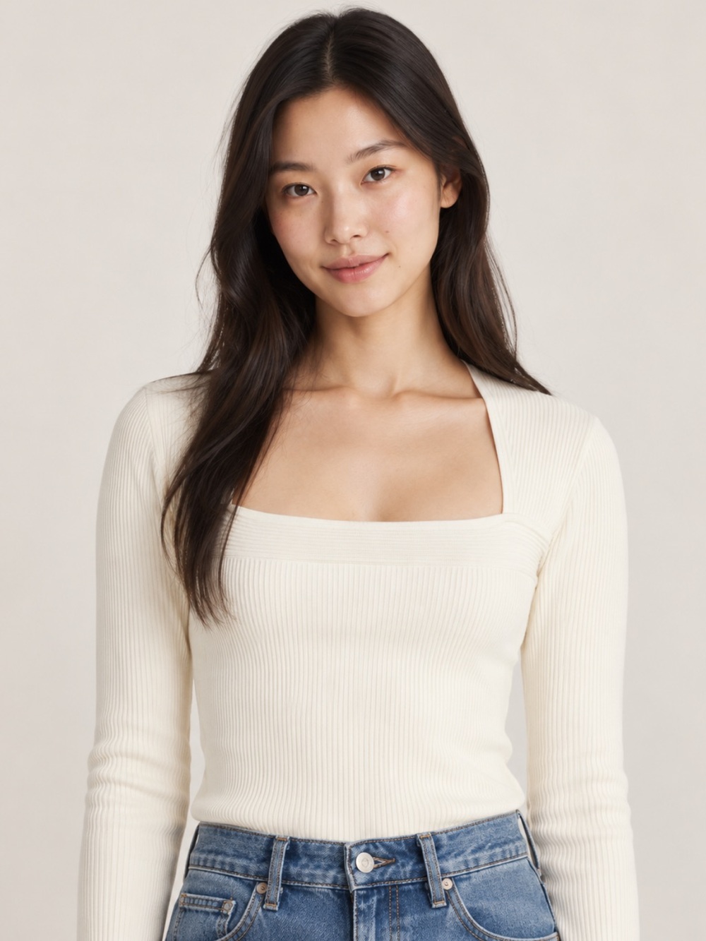 Aritzia Babaton Grid Longsleeve Top Light Birch Size M Square Neck Ribbed Knit